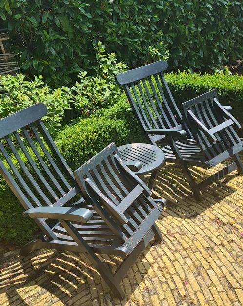 Teak dekchair set met 2 ligstoelen en tafeltje, Tuin en Terras, Ligbedden, Gebruikt, Teakhout, Inklapbaar, Verstelbaar, Ophalen