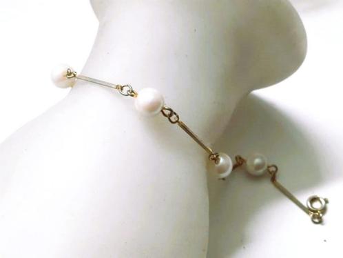 Armband 5 goudkleurige staafjes met 4 parels (5640-80), Sieraden, Tassen en Uiterlijk, Armbanden, Zo goed als nieuw, Overige materialen