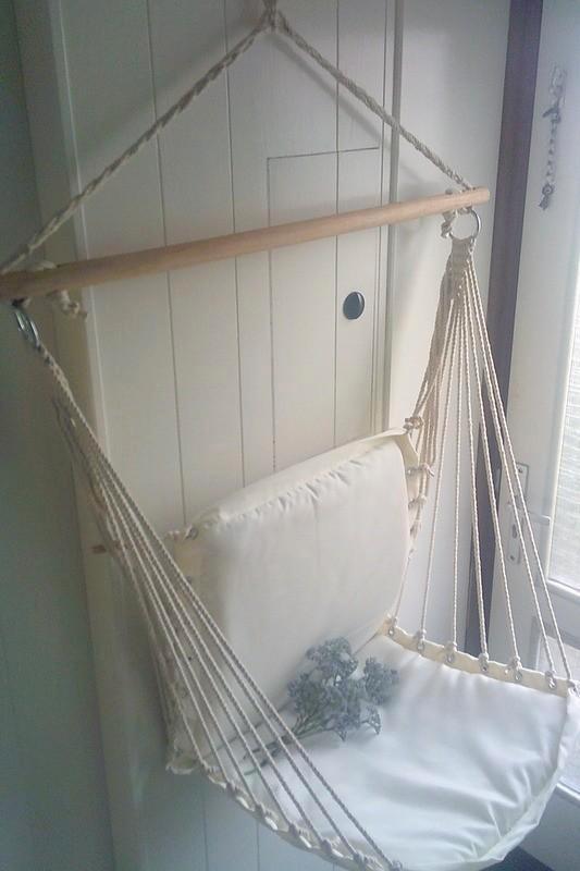 Hangstoel voor aan boom/haak zitting en touw Ibiza style, Huis en Inrichting, Stoelen, Gebruikt, Eén, Hout, Metaal, Stof, Overige materialen