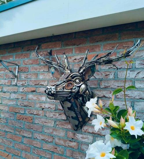 Metalen Hert Hoofd Wanddecoratie, Antiek en Kunst, Kunst | Beelden en Houtsnijwerken, Ophalen of Verzenden