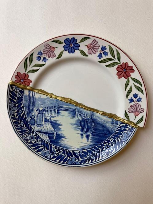 Mooi Kintsugi delfsblauw /boerenbont wandbord, Antiek en Kunst, Antiek | Wandborden en Tegels, Ophalen of Verzenden