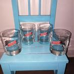 Coebergh bessenjenever glazen helder met rood logo 4 stuks, Ophalen, Glas of Glazen, Gebruikt, Glas