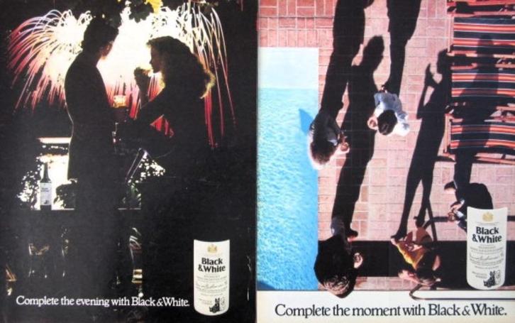 3 oude advertenties reclames Black & White whisky 1981 drank, Verzamelen, Merken en Reclamevoorwerpen, Gebruikt, Overige typen