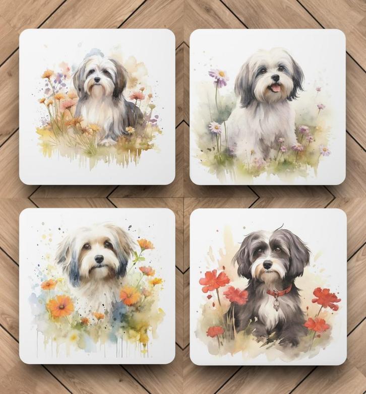 Tibetaanse Terriër Aquarel onderzetters met houder, Huis en Inrichting, Woonaccessoires | Onderzetters, Nieuw, Glas of Kopje, Ophalen of Verzenden