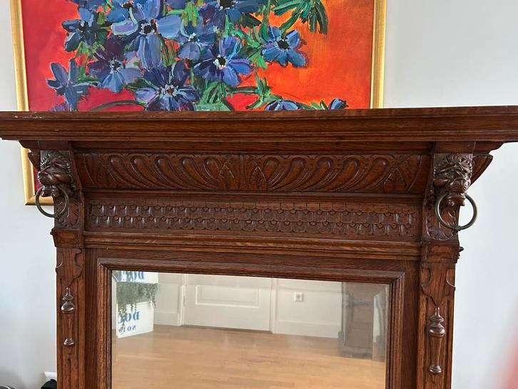 Antieke facet geslepen spiegel met leeuwenkoppen, Antiek en Kunst, Antiek | Spiegels, 50 tot 100 cm, 100 tot 150 cm, Rechthoekig