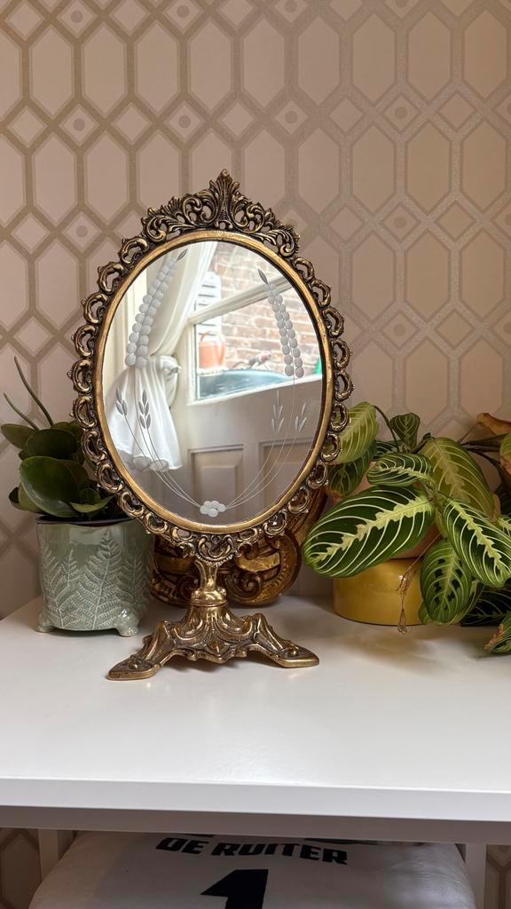 Vintage Kapspiegel met Gouden Frame, Antiek en Kunst, Antiek | Spiegels, Minder dan 50 cm, Minder dan 100 cm, Ovaal, Ophalen of Verzenden