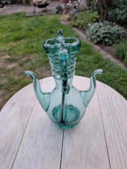 Groen geblazen kristal glazen olijfolie en azijn fles, Huis en Inrichting, Woonaccessoires | Vazen, Zo goed als nieuw, Groen, Minder dan 50 cm