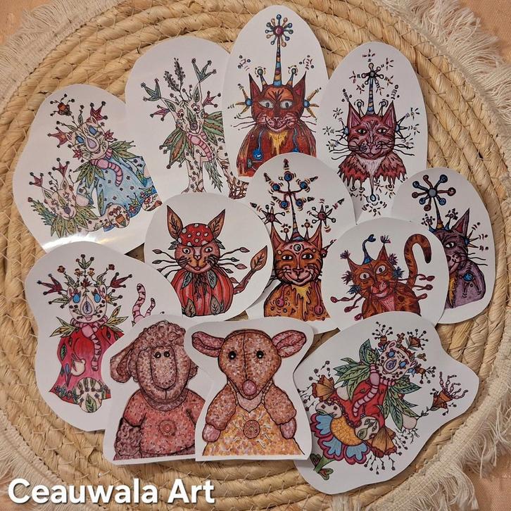 Kunst Illustratie Stickers o.a. fantasy kat en witte herders, Verzamelen, Stickers, Nieuw, Ophalen of Verzenden