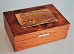 Trein Locomotief Walnoot hout Doos Brons Plaque Oud Vintage, Ophalen of Verzenden