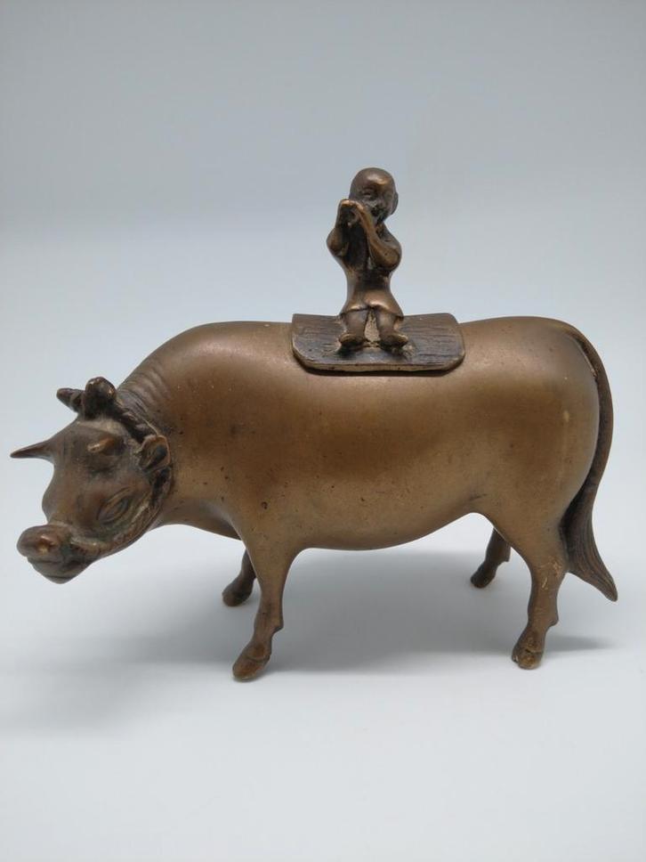 Bronzen beeld: Jongen op os, Antiek en Kunst, Antiek | Koper en Brons, Brons, Ophalen of Verzenden