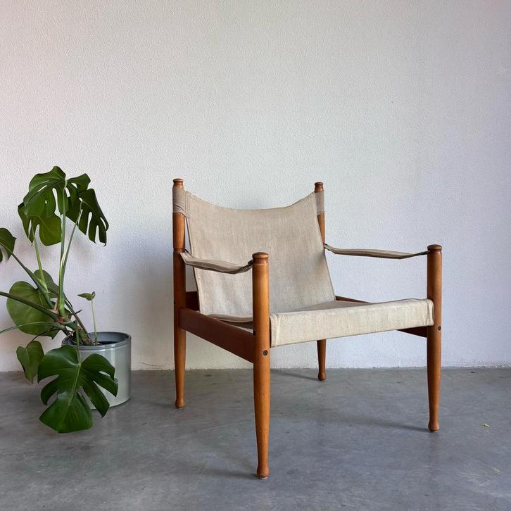 VINTAGE | SAFARI STOEL | DEENS DESIGN | ERIK WORTS, Huis en Inrichting, Fauteuils, Gebruikt, Hout, Stof, 50 tot 75 cm, Ophalen