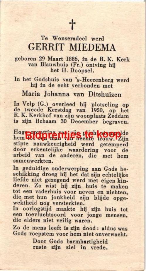 Miedema Gerrit 1886 Blauwhuis 1950 Velp Zeddam x Ditzhuizen, Verzamelen, Bidprentjes en Rouwkaarten, Bidprentje, Ophalen of Verzenden