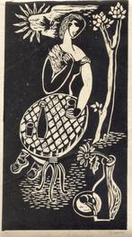 Gerard Bruning linosnede "Vrouw aan Tafeltje", gesigneerd,, Ophalen, Minder dan 50 cm, Gebruikt, Oorspronkelijke maker