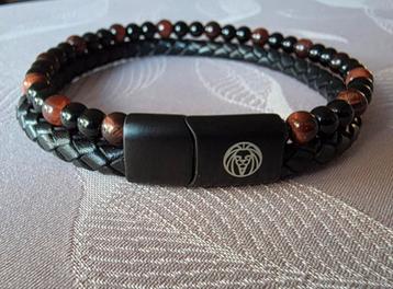 Mannen Armband van Rood Tijgeroog en Leer - XXL 23-24cm beschikbaar voor biedingen