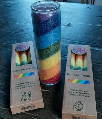 Regenboog lange stearinekaarsen 3 in pakje of kaars in glas  beschikbaar voor biedingen