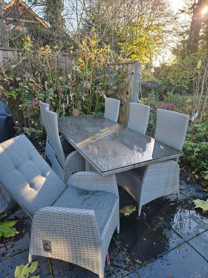 Mooie tuinset met 6 stoelen en tafel, Tuin en Terras, Tuinsets en Loungesets, Gebruikt, Tuinset, Wicker, 6 zitplaatsen, Eettafel