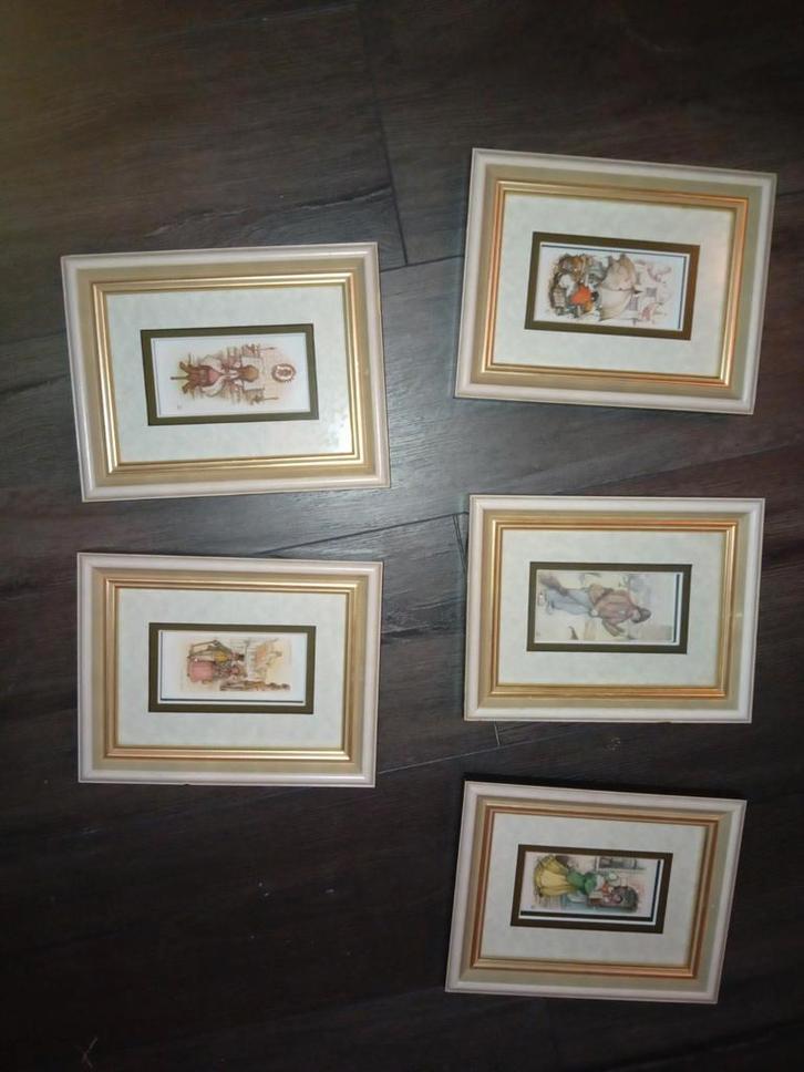 5 Kleine Schilderijtjes met Lijst, Antiek en Kunst, Kunst | Tekeningen en Foto's, Ophalen of Verzenden
