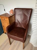 Gratis 2 bruin leren vintage eetkamerstoelen, eiken poten, Huis en Inrichting, Fauteuils, Ophalen, Gebruikt, Minder dan 75 cm