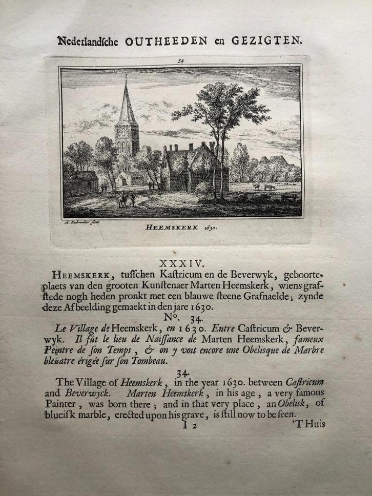 034 / Heemskerk Kopergravure 1725, Antiek en Kunst, Kunst | Etsen en Gravures, Ophalen of Verzenden