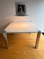 Unieke houten eettafel met stalen poten, Huis en Inrichting, Tafels | Eettafels, Ophalen, Gebruikt, 100 tot 150 cm, Vierkant