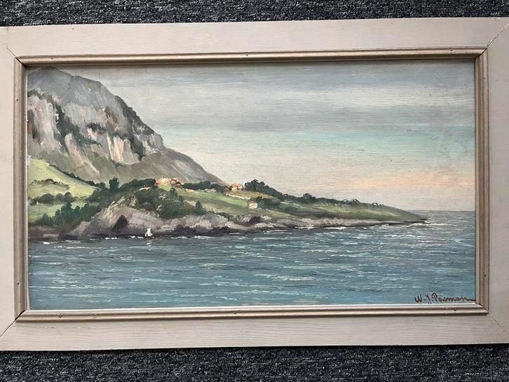 W.J. Pasman Schilderij Zeegezicht Zee Berg Bergen Strand, Antiek en Kunst, Kunst | Schilderijen | Klassiek, Ophalen of Verzenden