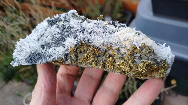 D51-07 Kwartsnaalden en Chalcopyriet, Verzamelen, Mineralen en Fossielen, Mineraal, Ophalen of Verzenden