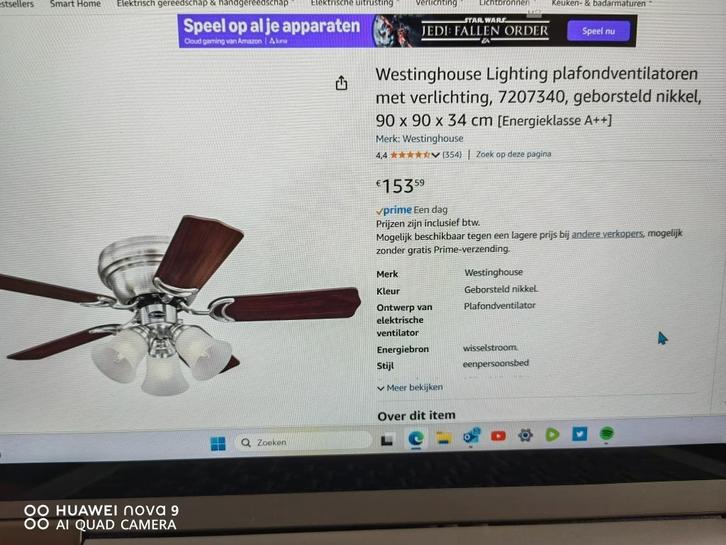 Nieuwe Westinghouse plafondlamp / ventilator, Huis en Inrichting, Lampen | Plafondlampen, Nieuw, Glas, Hout, Metaal, Ophalen of Verzenden