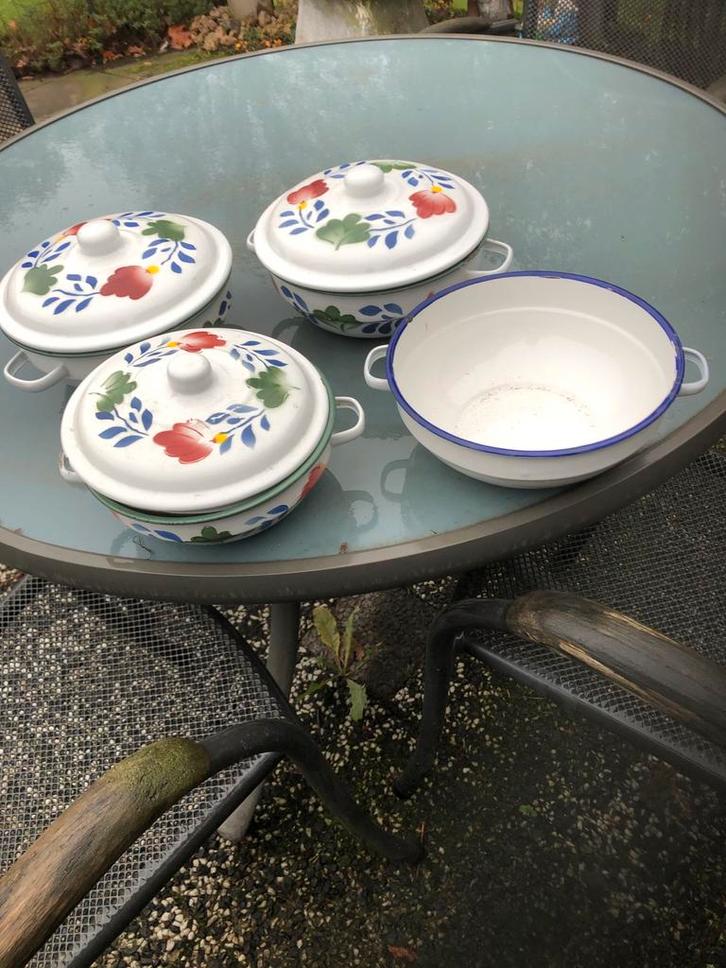 Emaille Pannen Set met Bloemmotief, Huis en Inrichting, Keuken | Keukenbenodigdheden, Gebruikt, Ophalen