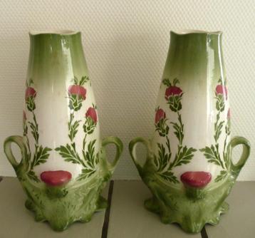 Jugendstil Art Nouveau vazen Nimy België distels beschikbaar voor biedingen