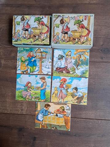 Vintage oude blokken puzzel, 6 afbeeldingen, 12 blokjes  beschikbaar voor biedingen