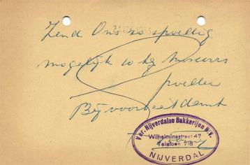 Ver. Nijverdalse Bakkerijen NV, Nijverdal - briefkaart beschikbaar voor biedingen