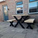 Steigerhouten tafel met bankjes, 100 tot 150 cm, Nieuw, Vier personen, Rechthoekig