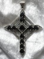 Mooi Groot Zilveren Art Deco Kruis met Zwarte Onix en Marke, Verzenden, Zilver, Hanger, Met edelsteen