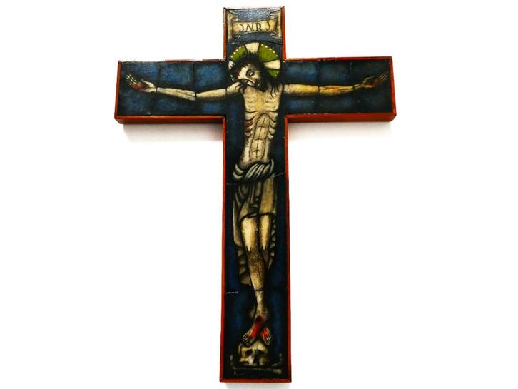 Opaline kruisbeeld / crucifix Christus kruis onderin schedel, Antiek en Kunst, Antiek | Religie, Ophalen of Verzenden