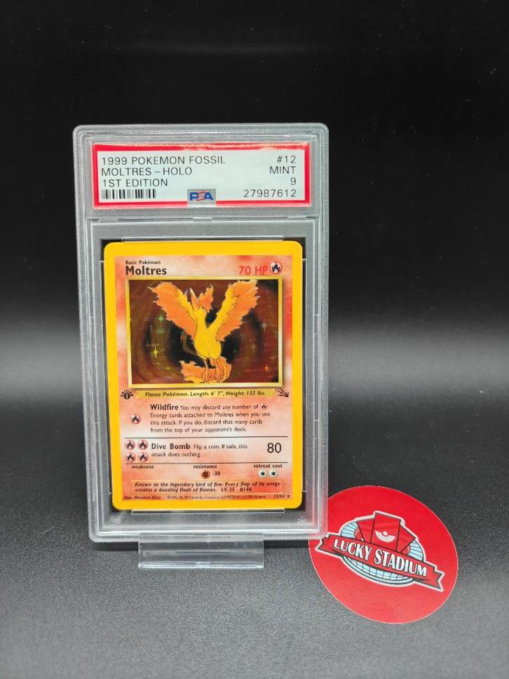 Pokemon Fossil 1st. Edition Moltres Holo PSA 9, Hobby en Vrije tijd, Verzamelkaartspellen | Pokémon, Zo goed als nieuw, Losse kaart