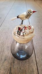 Antieke Glazen zilveren kerstbal vogel op nest met vogeltjes, Ophalen of Verzenden