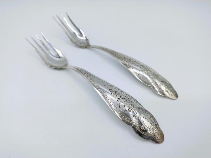 2 Zilveren zuurvorken, P. van Geelen Ezn, Schoonhoven, 1873, Antiek en Kunst, Antiek | Goud en Zilver, Zilver, Verzenden