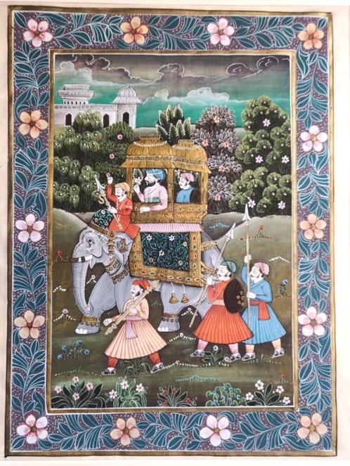 Schilderij op zijde Miniatuur uit India ingelijst Painting, Huis en Inrichting, Woonaccessoires | Schilderijen, Tekeningen en Foto's