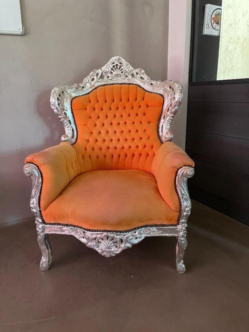 Stoel, leesstoel, fauteuille oranje zilver, Huis en Inrichting, Fauteuils, Gebruikt, Hout, Stof, 50 tot 75 cm, Minder dan 75 cm