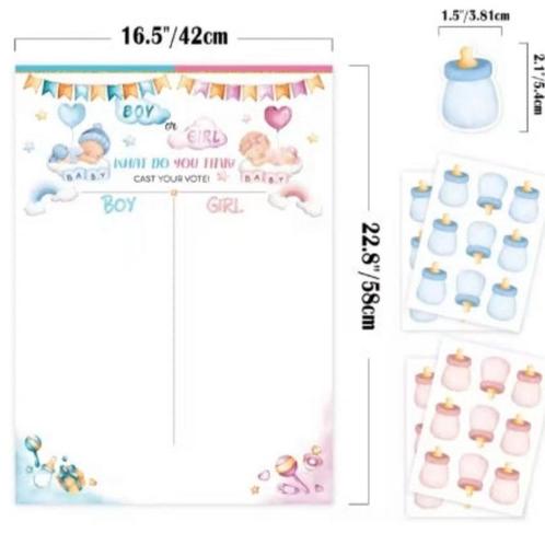 Gender Reveal-spel voor babyshower met poster 36-delige stem, Hobby en Vrije tijd, Feestartikelen, Nieuw, Geboorte of Huwelijk