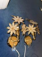 2x wandlampen kristalen bloemen met goud, Ophalen of Verzenden, Gebruikt, Glas, Barok capodimonte bladgoud