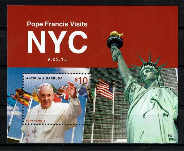 antigua 2016 pf blok paus pope religie amerika new york, Postzegels en Munten, Postzegels | Thematische zegels, Postfris, Overige thema's