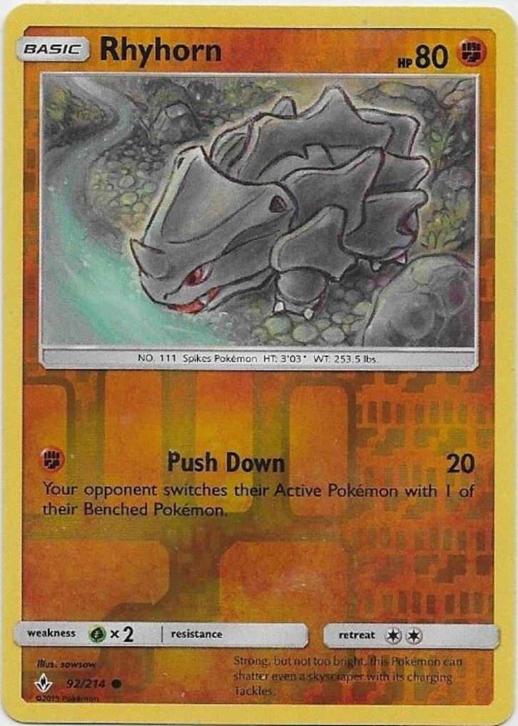 Unbroken Bonds,  Rhyhorn [reverse] 92/214, Hobby en Vrije tijd, Verzamelkaartspellen | Pokémon, Nieuw, Losse kaart, Verzenden