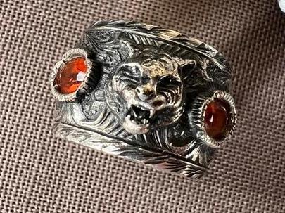GUCCI Zilveren Ring - Leeuw & Oranje Stenen - Maat 11, Sieraden, Tassen en Uiterlijk, Ringen, Zo goed als nieuw, Dame of Heer