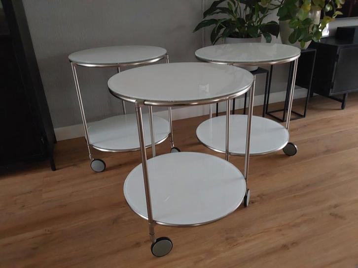 3 Ronde Bijzettafels RVS/Glas - Verrijdbaar, Huis en Inrichting, Tafels | Bijzettafels, Gebruikt, Rond, 60 cm of meer, Minder dan 55 cm