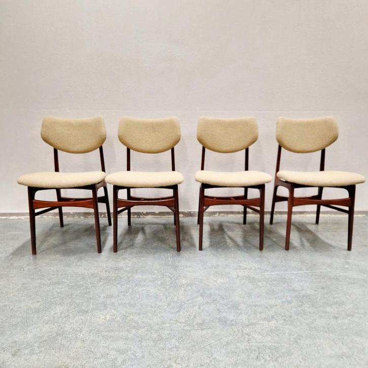 Set Louis van Teeffelen Hamar Wébé vintage stoelen bekleed, Huis en Inrichting, Stoelen, Gebruikt, Vier, Hout, Stof, Bruin, Ophalen of Verzenden