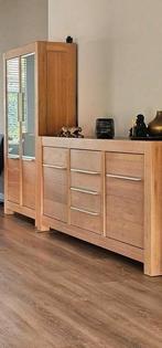 Massief eiken dressoir en vitrinekast (met verlichting), Ophalen, Gebruikt, 25 tot 50 cm, Eikenhout
