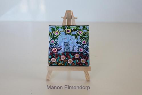 Uniek Handgeschilderd Schilderijtje incl Ezeltje Grijze Kat, Antiek en Kunst, Kunst | Schilderijen | Modern, Ophalen of Verzenden