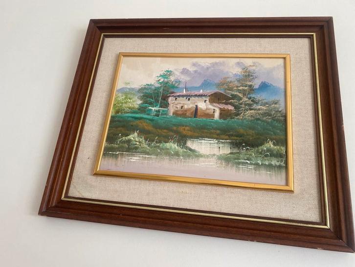 Klassiek Schilderij Landhuis aan Meer, Ingelijst Hout/Goudkl, Antiek en Kunst, Kunst | Schilderijen | Klassiek, Ophalen of Verzenden