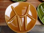 8 vintage keramiek fondueborden, groen en oker, Antiek en Kunst, Antiek | Servies los, Ophalen of Verzenden